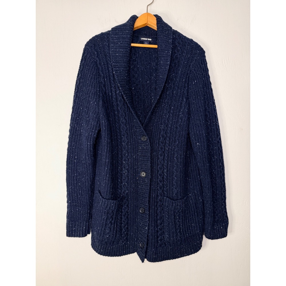 Lands End Navy Blue Cable Knit Shawl Collar Cardigan Sweater Wool Blend Large